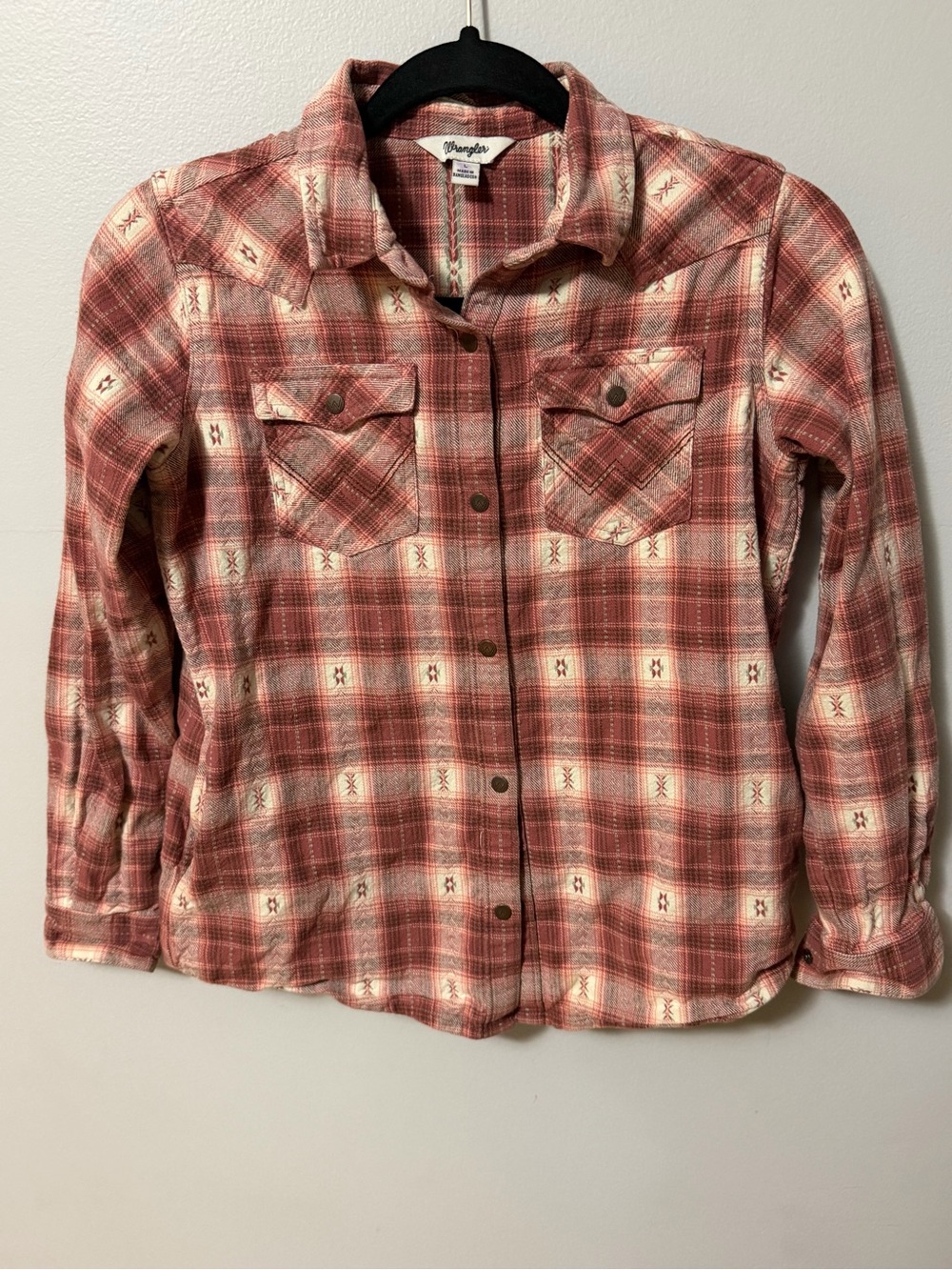 Wrangler Girls Large Pink Plaid Western Shirt Pearl Snaps Side Pockets